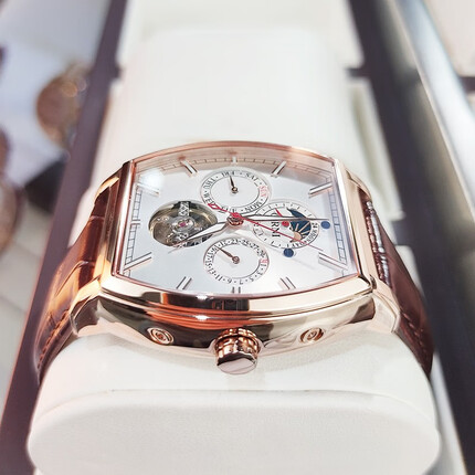 西亚尼（CIRNI）方形手表男机械表全自动多功能复古镂空飞轮瑞士风格品牌防水运动大表盘表 棕皮金白