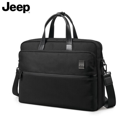 Jeep公文包男帆布大容量商务手提包15英寸电脑包休闲斜挎包男士办公包文件包 黑色 生日礼物送男友送父亲