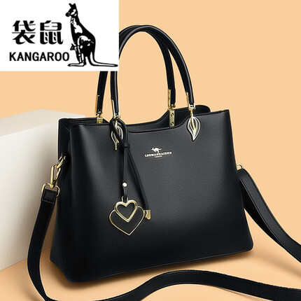 袋鼠（KANGAROO）眞皮女士包包2023气质妈妈牛皮手提包时尚百搭单肩斜挎 黑色