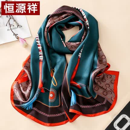 恒源祥真丝丝巾女桑蚕丝围巾披肩时尚缎面丝绸长巾妈妈生日礼物 墨绿