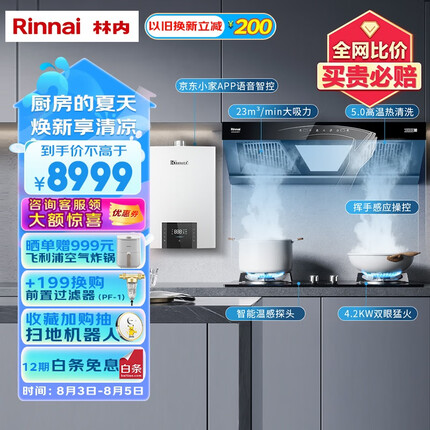 林内（Rinnai）油烟机燃气灶热水器三件套23立方 大吸力4.2KW定时防干烧NM11T+2E03LS+16QD06W