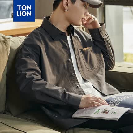 唐狮(TonLion)2023长袖工装衬衫男休闲宽松衬衣男 深空灰 XL