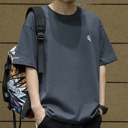 依郎酷重磅短袖t恤男夏季潮牌2023新款宽松刺绣圆领大码男士体恤上衣服 灰色 2XL【160-180斤】