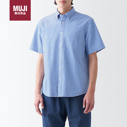 无印良品（MUJI）男式 棉牛津纽扣短袖休闲百搭ACC60C3S 蓝色格纹 L 