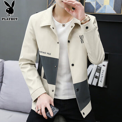 花花公子（PLAYBOY）夹克男外套男春季男士韩版潮流男装休闲宽松上衣服 米色 L 