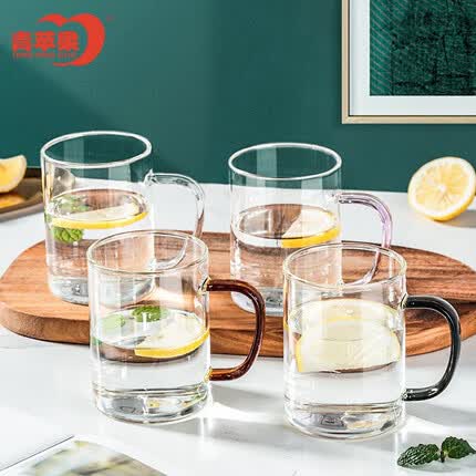 青苹果玻璃杯耐热水杯茶杯牛奶杯四色杯把杯4只装家用杯大容量450ml