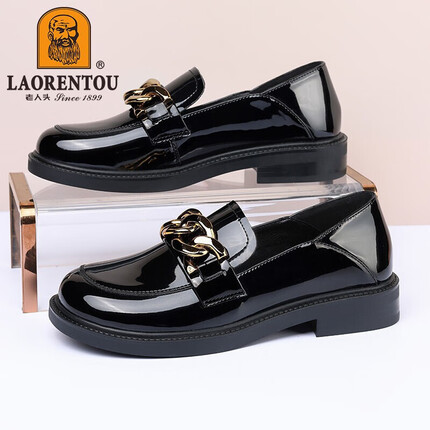 老人头单鞋女平底百搭英伦风气质女鞋舒适透气漆皮鞋圆头通勤中年女鞋妈妈鞋 LB13025 黑色 35