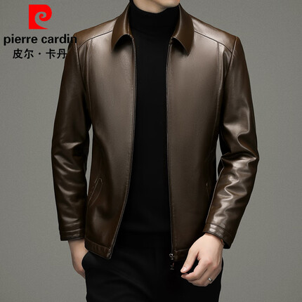 皮尔卡丹(pierre cardin)男士皮衣春秋季薄款中年爸爸装拉链皮夹克男翻领商务休闲PU皮外套