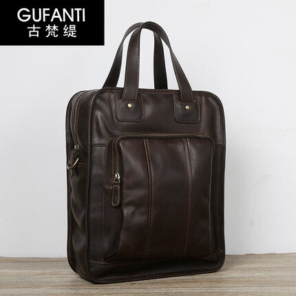 古梵缇公文包 男士竖款手提包牛皮单肩斜挎包公文包大容量复古电脑背包 gftt-gftt-67P 深咖色