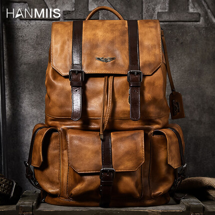 HANMIIS二战胡椒盐头层牛皮背包复古全真皮双肩包新款男包大容量书包男士出差旅游包袋 棕色