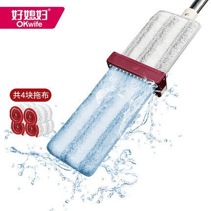 好媳妇（okaywife）家用清洁 40CM免手洗平板旋转拖把不锈钢懒人拖地神器 共4块拖布