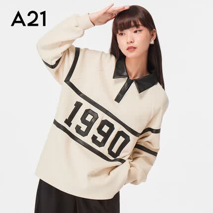 A21春秋款ins女装polo领卫衣新款美式复古1990设计感撞色学院风上衣 米杏 S