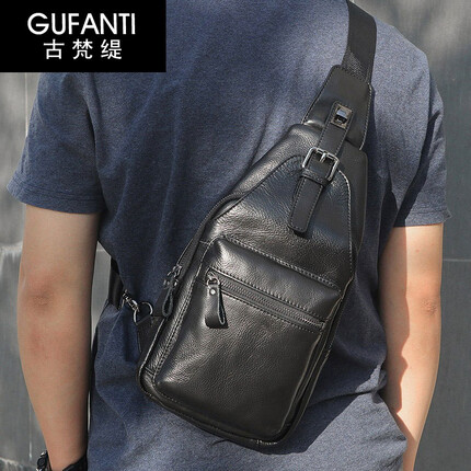 古梵缇单肩斜挎包 复古牛皮商务肩包胸包户外运动大容量手机包斜挎包小背包gftx-17P 黑色