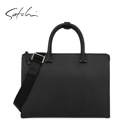 satchi沙驰男包真皮商务大气头层牛皮手提包时尚简约压花大容量男公文包AW12099-1H 黑色