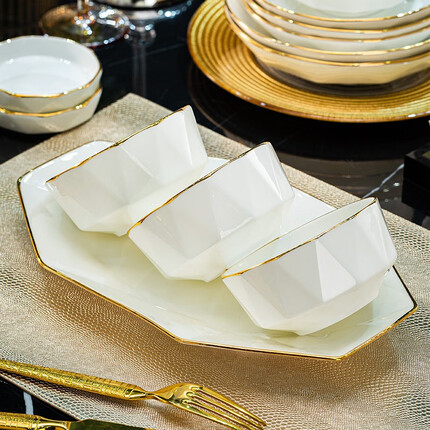 尚行知是碗套装餐具整套简约高档钻石纹新陶瓷碗盘碗筷乔迁送礼55件礼盒装 【55件套】描金-白瓷钻石