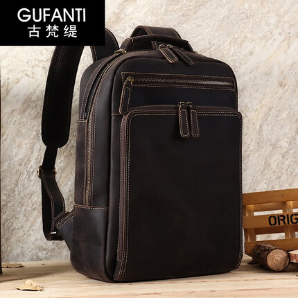 古梵缇双肩包男 疯马皮大容量商务背包电脑包 男士双肩旅行背包gftx-387 啡色 GUFANTI