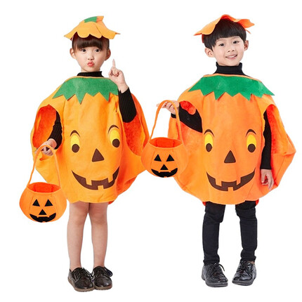 演绎 万圣节服装儿童南瓜服披风男孩女孩幼儿园节日演出表演cosplay服装道具 南瓜服+帽子+南瓜袋