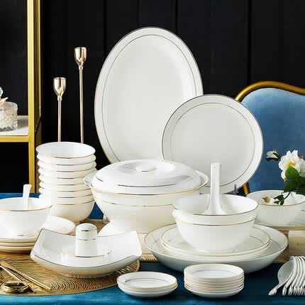 红牡丹 景德镇金边餐具套装家用陶瓷碗碟套装欧式盘子碗筷套装轻奢礼盒 金如意58头10人餐 礼盒装
