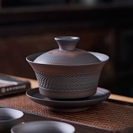聚山堂 紫陶盖碗陶瓷三才碗复古风茶具纯手工雕刻盖杯家用泡茶碗敬茶碗 大号盖碗200ML