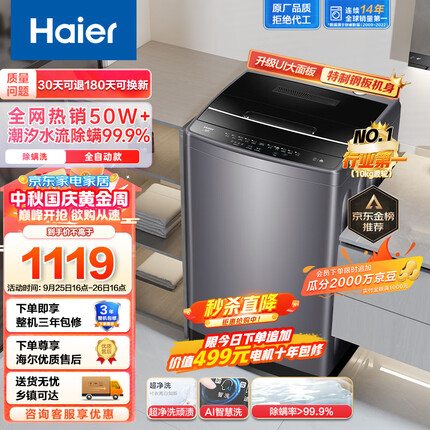 海尔（Haier）波轮洗衣机全自动 升级除螨 UI大面板 桶自洁不脏桶 不锈钢内筒 10公斤原厂品质 EB100M30Pro1