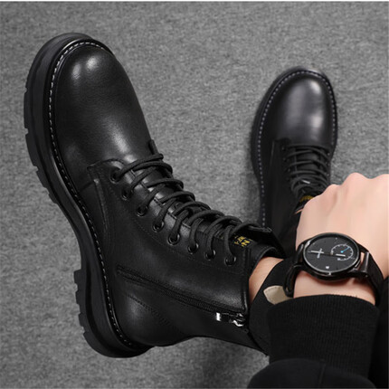 阔社品牌马丁靴男高帮加绒英伦风男鞋新款百搭男靴真皮靴子男士工装靴 黑色8孔 39 皮鞋尺码