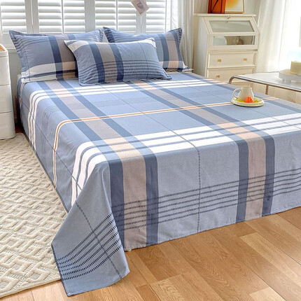 花熙雨（Huaxiyu）100%纯棉床单单件全棉被单 条纹格子学生被单男士单人床单宿舍用 唐布琅 1.5米床宽用（200x230cm）