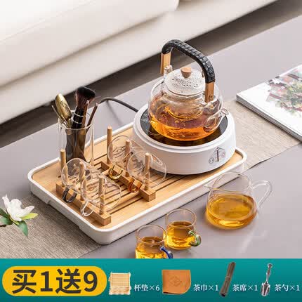 瓷牌茗茶具（cipaiming teaset） 电陶炉煮茶器煮茶壶茶炉家用小型电茶炉加厚耐热玻璃茶壶 绳编壶6彩8件+架道+白桃心炉+盘