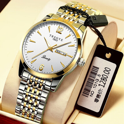 克洛奈商务防水男士手表双日历钢带皮带夜光个性日期星期男表 间金带白面 皮表带+调表器+手链+螺丝刀