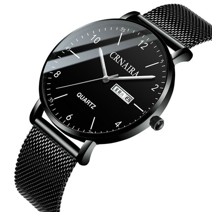 克洛奈品牌手表2023新款简约数字防水双日历夜光腕表男表学生男士日期 黑网带黑面黑壳