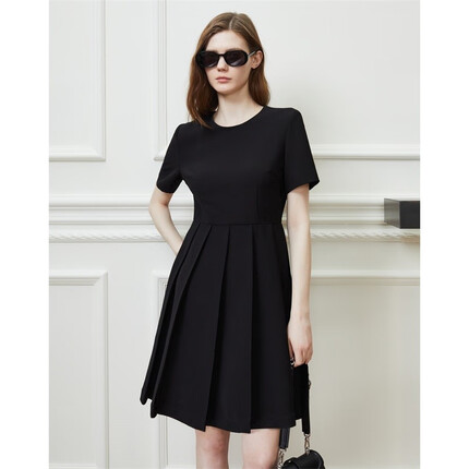 唐可娜儿（DKNY）通勤简约百褶短袖收腰连衣裙小黑裙女装 黑色 M(160/84A)