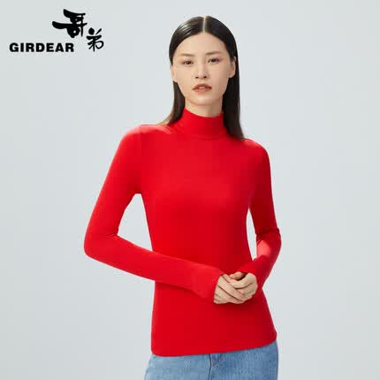 哥弟（GIRDEAR）【GD】烟管领保暖内衣女打底衫上衣1300536 红 S(2码)
