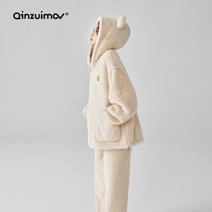 亲嘴猫(QINZUIMAO)睡衣女冬季珊瑚绒卡通可爱熊掌秋冬套装休闲连帽家居服可外穿 4471熊掌 M(宽松版型)