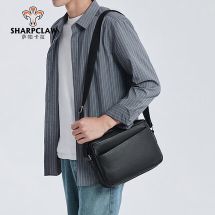 萨帕卡拉单肩包男新款简约斜挎包男士休闲通勤背包时尚头层牛皮邮差包 黑色 27*8*21cm SHARPCLAW