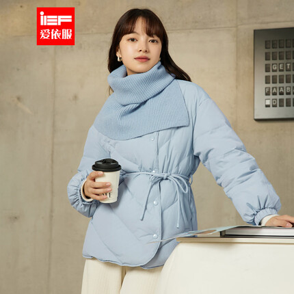 IEF/爱依服羽绒外套女短款2023年冬季时尚针织围脖宽松面包服外套 蓝 F