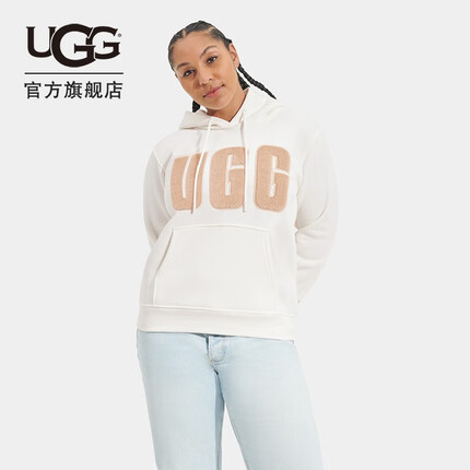 UGG秋季新款女士休闲舒适上衣套头字母logo卫衣连帽衫1144506 NSSN | 光晕白色/沙色 M