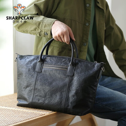 萨帕卡拉植鞣皮公文包男士手提包大容量短途出差旅行包时尚电脑背包 黑色 34*13*25cm SHARPCLAW