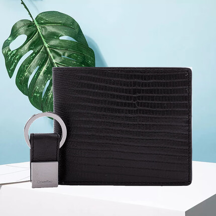 Calvin Klein 【七夕礼物】男士钱包奢侈品短款两折个性蜥蜴纹大容量礼盒装 Brown棕色