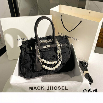 迪士尼（Disney）轻奢时尚真.皮大容量铂金包女乞丐军牛仔凯莉包手提包2021新款 黑色