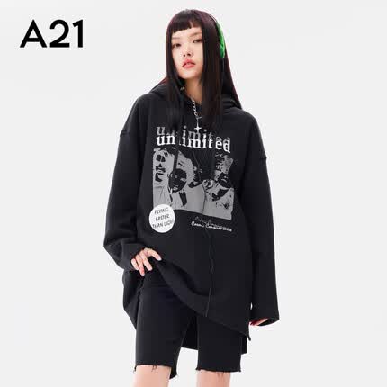 A21春季女装宽松落肩上衣oversize中长款卫衣潮ins高街连帽衫 黑色 S
