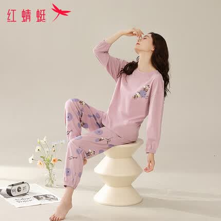 红蜻蜓睡衣女秋季纯棉卡通波点长袖女士可外穿家居服套装 紫色 L码