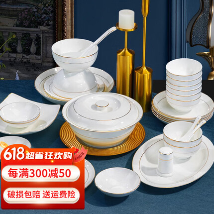 国玥骨瓷餐具整套家用盘子碗欧式碗碟套装轻奢金边碗具陶瓷碗筷礼盒 金边58头礼盒装 支持洗碗机