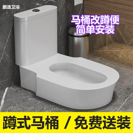 鹏造坐便器马桶改换台式蹲式便器陶瓷防臭蹲坑家用蹲厕神器免挖坑砸墙 蹲式坐便器【不带喷头】 300mm坑距