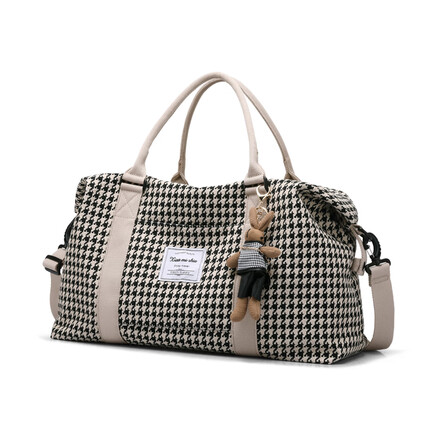 凡凡麦旅 旅行包女大容量手提轻便行李包袋运动健身瑜伽包短途出差包包收纳大包 米色千鸟格 大号