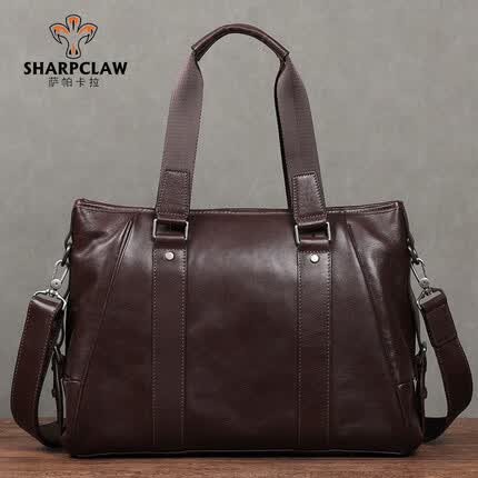 萨帕卡拉男包手提包头层牛皮商务休闲公文包包男单肩斜挎包 咖啡色 SHARPCLAW