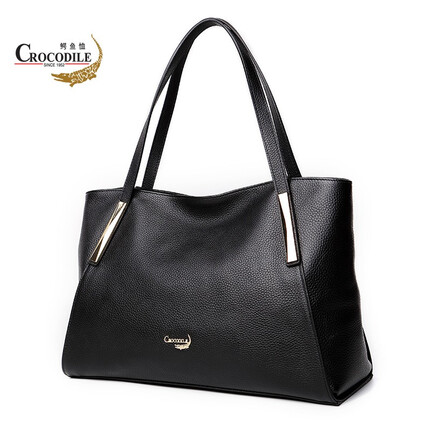 鳄鱼恤头层牛皮大容量真皮包包托特包单肩包女式斜挎包女包送妈妈老婆女友 黑色+质量三包