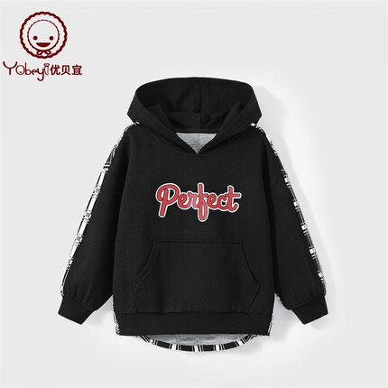 优贝宜儿童连帽卫衣春秋季男童休闲上衣中大童长袖套头衫男孩衣服潮 黑色110