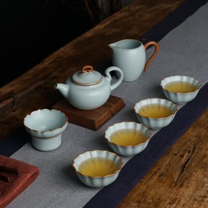 青澹汝窑功夫茶具套装茶杯礼盒家用简约景德镇汝瓷天青色陶瓷开片可养悠然荷瓣套装 禅缘荷瓣套装 7件套 天青色