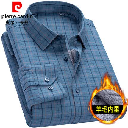 皮尔卡丹自营高端保暖衬衫男加厚秋冬羊毛内胆格子条纹内搭上衣中青年爸爸打底衫潮牌休闲保暖衬衣 中兰 39