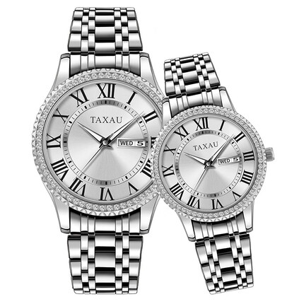 塔索品牌情侣手表一对石英表夜光防水男女对表高档潮流时尚对表 钢带本色白面情侣一对