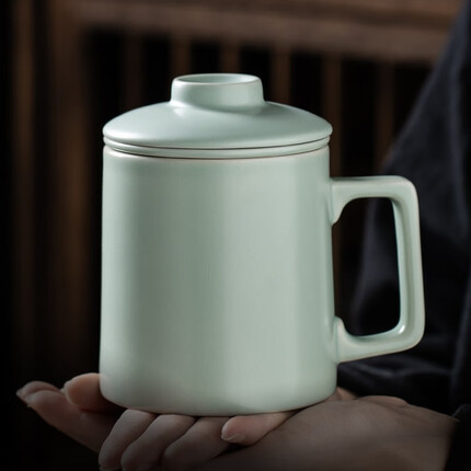 宜杯子 汝窑茶杯 办公杯可养开片带过滤手柄陶瓷茶杯办公室泡茶杯茶水分离杯个人杯礼盒装 天青汝窑青云办公杯